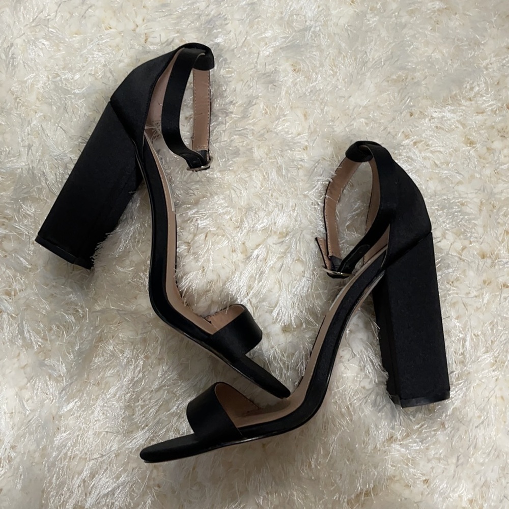 David Tutera Satin Black Block Heel Ankle Strap Sandals